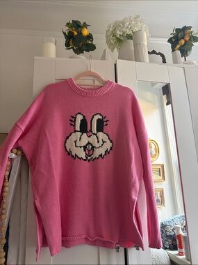 Lazy Oaf Pink Cartoon-Bunny Crewneck Sweater